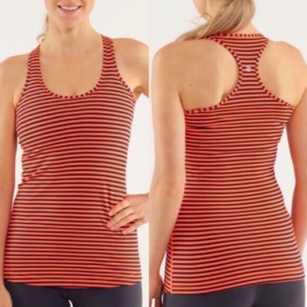 Lululemon Orange Black Racerback Athletic Striped Stretch Tank Top Size Small